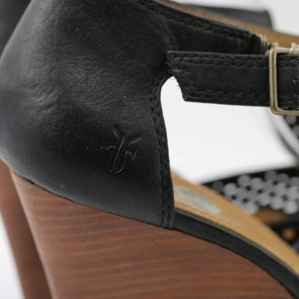 Frye Womens Gwen Sandal Size 9.5 Black Leather Woven T-Strap Wedge Heel Peep Toe - Picture 4 of 12